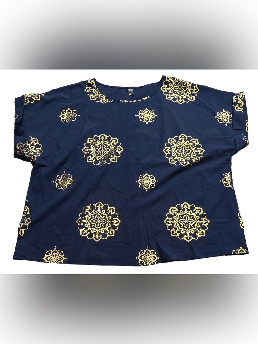 EMERY ROSE Navy Blue Gold Metallic Mandala Blouse Top Plus Size 3X Boho Casual